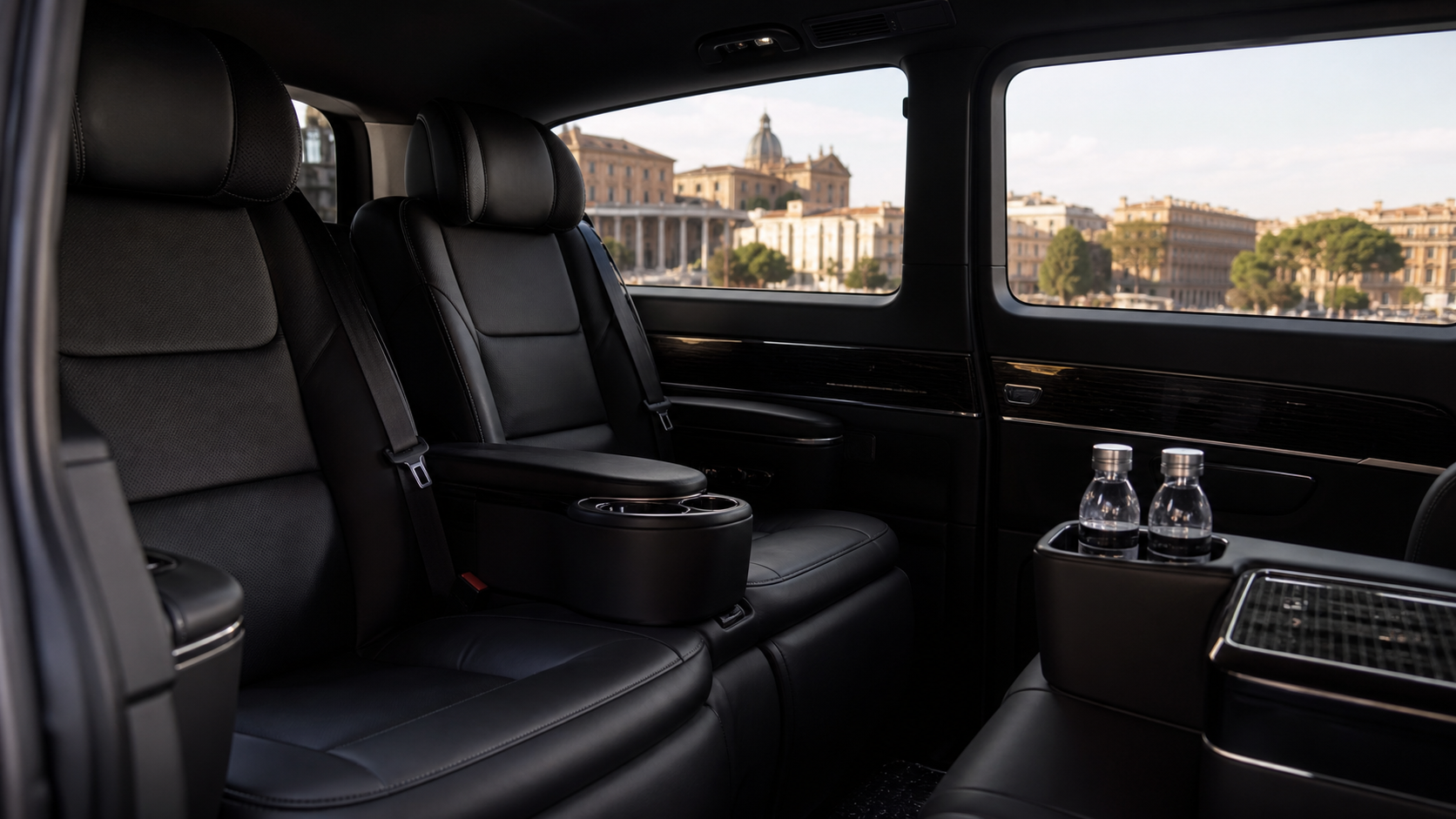 Luxury van black leather interior with Rome visible through the windows