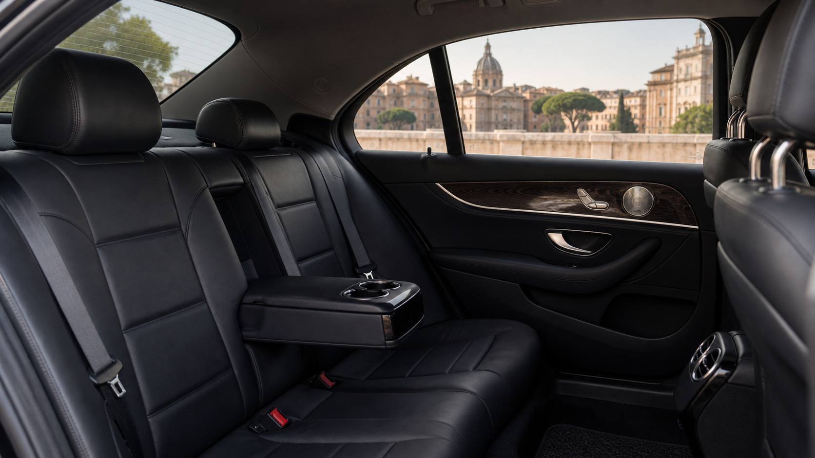 Mercedes E-Class sedan interior with Rome visible through the window